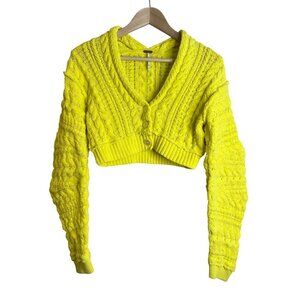 Free People Sadie Cable Cardi Neon Yellow Size Medium Cropped Cable Knit